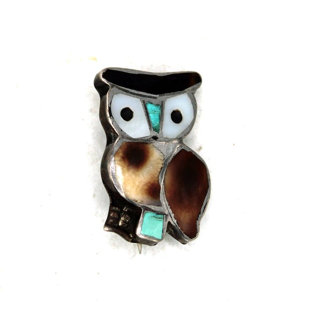Vintage Sterling Silver Inlay Owl Fetish Brooch